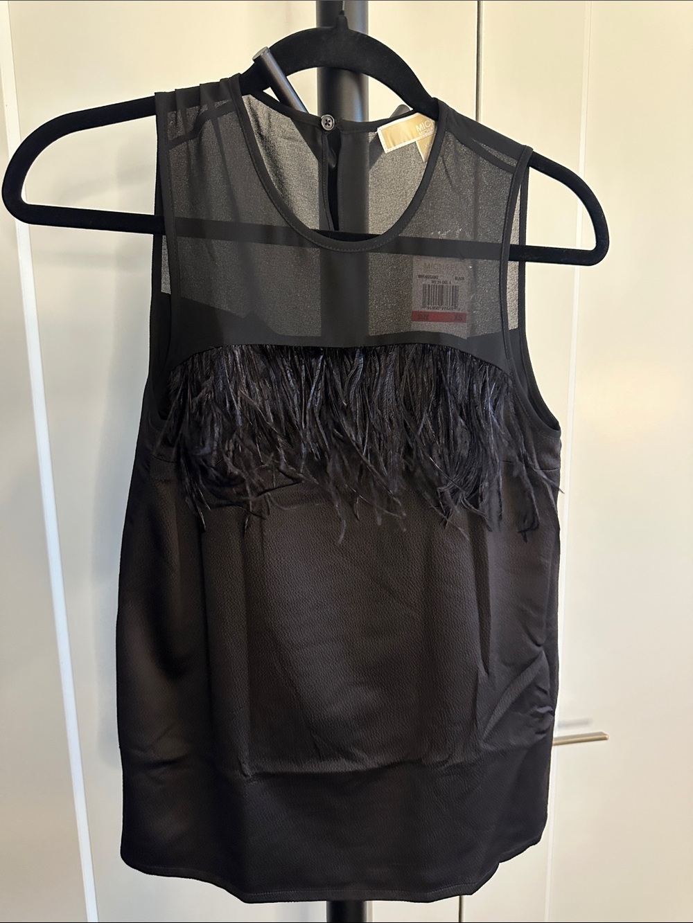 Michael Kors Sheer Feather Trim Sleeveless Top - Black